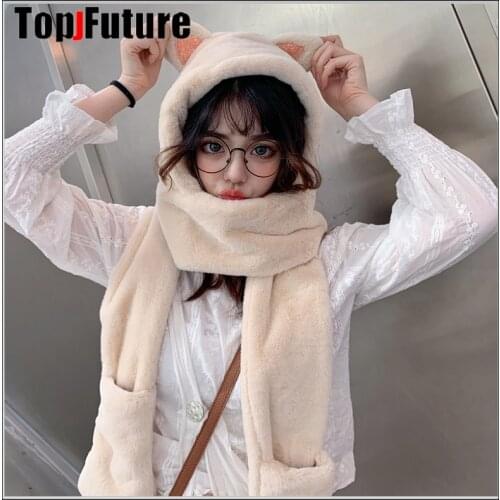 Harajuku Korean Japanese cute girl gloves cat bear ear scarf hat gloves one-piece cap winter warm plush shield birthday gift