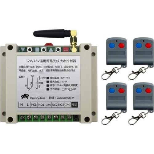 Latest DC12V 24V 36V 48V 10A 2CH RF Remote Control Switch System 4X Transmitter + 1 X Receiver 2ch relay smart home z-wave
