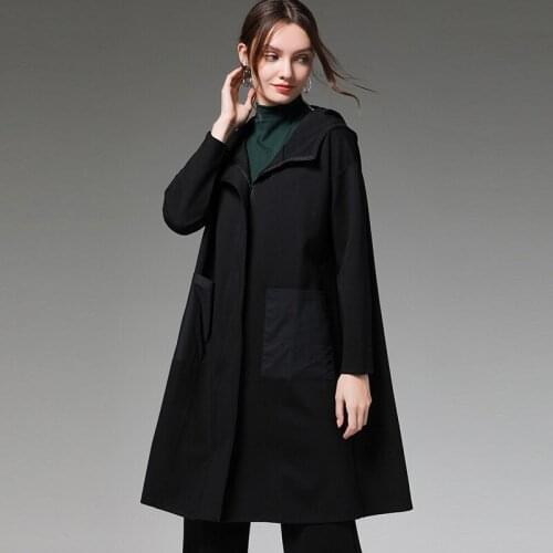 Autumn mid-long Women hooded loose coat patchwork outerwear Size 90kg black-red trench coat red line with letters on the back