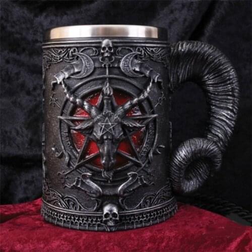 Baphomet Pentagram Horn Beer Mug Stainless Steel & Resin 3D Tankard Coffee Beer Mug Drinkware Cup Mystic Wicca Fan Gift