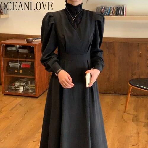 OCEANLOVE Turtleneck Women Dress Solid Lace Patchwork Vintage Puff Sleeve Vestidos Autumn Winter Elegant Robe Femme Chic