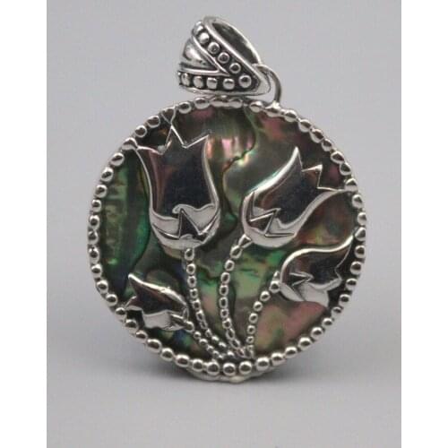 Pure 925 Sterling Silver Pendant 37x27mm Shell Inner Plate Flower Pattern Charms