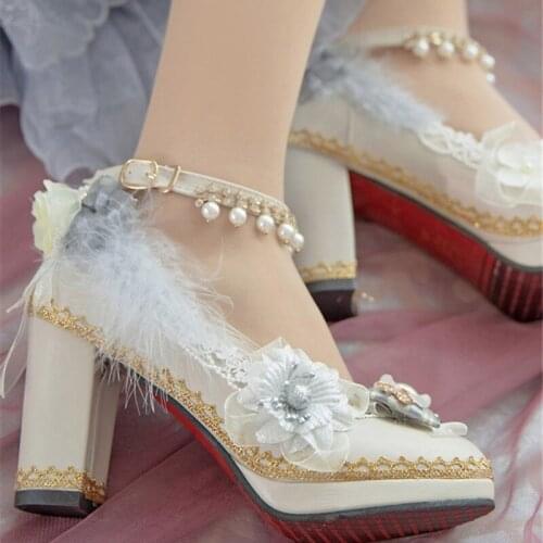Lolita Shoes Women Flower Wedding Tea Party Light Grey Loli High Heels 8cm Gothic Cosplay Anime Bow Kawaii Sweet Harajuku Female