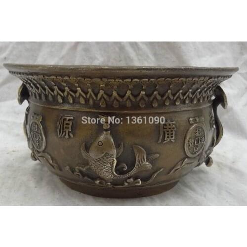 Xd 001210 Tibet Bronze Copper 5 Mammon God Fish RuYi Statue Bowl Incense Burner Censer