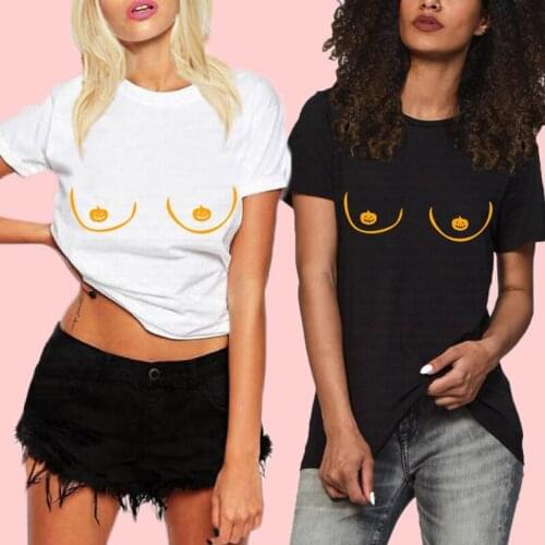 Funny Ladies Pumpkin Boobs Titties T-shirt Stylish Halloween Party Gift Tshirt New Women Crewneck Graphic Hipster Grunge Tee Top