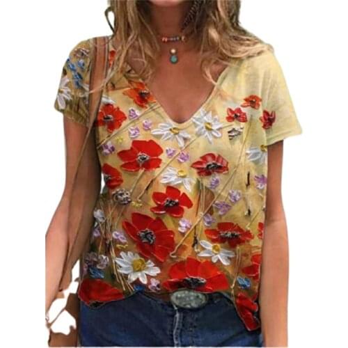 3d Floral Print Women T Shirt Boho Short Sleeve V-neck Tops Casual Streetwear Plus Size Loose Lady Tee 2021 New Summer Clothes