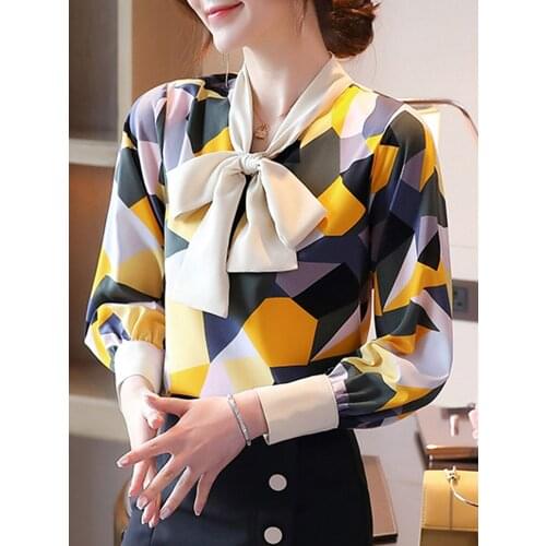 Long Sleeve Women Blouses Shirts Blusas Mujer De Moda 2021 Blouse Women Bow V-neck Print Chiffon Blouse Shirt Women Tops D415