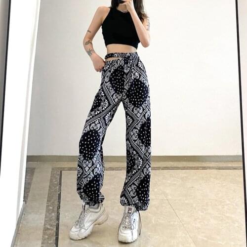 Ladies Summer Straight Casual Pants Fashion Cashew Print Hollow Irregular High Waist Elastic Can Be Binding Foot Loose Pants
