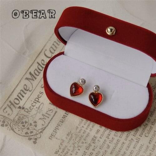 OBEAR 14k Real Gold Plated Retro Red Heart Stud Earrings Women Sweet Romantic Dating Jewelry