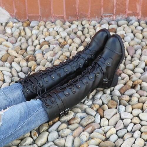 2021 Hot Sale Spring Autumn Lacing Knee High Boots Women Fashion White Square Heel Woman Leather Shoes Winter PU Large Size 43