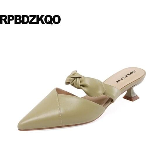 Pointed Toe Ladies Mid Heels Shoes Pumps Bow Kawaii High Strap Sandals Thin Kitten New Genuine Leather Mules Slipper Mary Jane