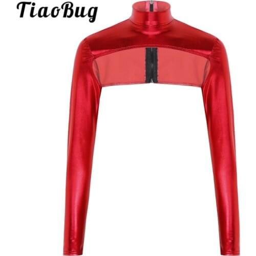 TiaoBug Women Shiny Metallic High Neck Long Sleeves Back Zip Up Shrugs Crop Tops Festival Rave Performance Jazz Dance Costume