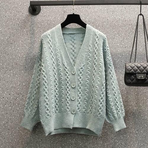 L-4XL Women Autumn Winter V Neck Short Twist Sweater Coat Jacket Vintage Lantern Sleeve Knitted Cardigan Outerwear