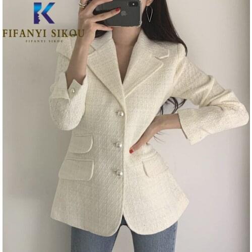 Vintage Plaid Women Blazer Jacket Fashion Pearl buttons Notched collar Chic Suit Jacket Elegant Slim Lady Blazers Coat 2020 New