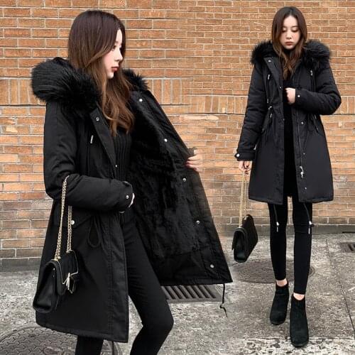 Winter Jacket Women Thick Wool Liner Cotton Padded Jackets Coat Female Faux Fur Collar Hooded Long Parkas Y469