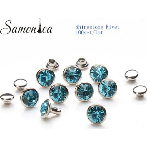 100Sets 6mm Aquamarine Copper Spikes and Studs Crystal Rhinestone Rivets For Leather Clothes Bags Shoes DIY Decorative Crafts