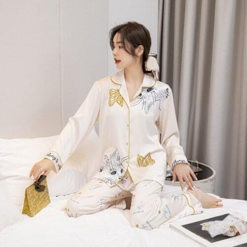 2021 Ice Silk Pajamas Women Summer Thin Sexy Simulation Silk Long-sleeved Cartoon Printing Home Service Suit Sexy Pajamas