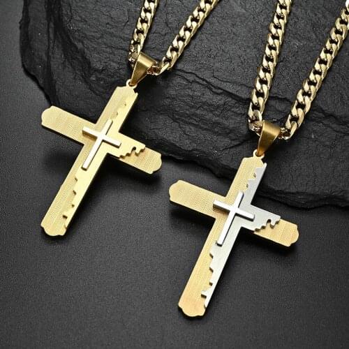 Factory Sale Street Style Cool Hiphop Cuban Chain Cross Three Layered Stainless Steel Necklace Chain For Men 18K Fashion Jewelry