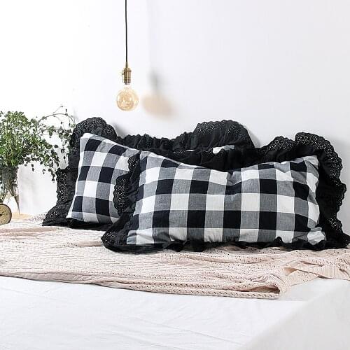 Pure Cotton Black White Plaid Pillow Case Cover Nordic Bedding Pillow Protector Lace Ruffle Pillowcase For Home Bed 48cm*74cm