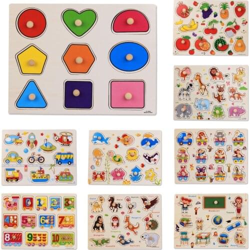 Childrens Wooden Puzzles Hand Grab Boards Toys Tangram Jigsaw Baby Educational Toys Cartoon Vehicle Animals Fruits 3D Puzzles