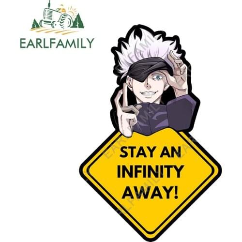 EARLFAMILY 13cm x 8.5cm Caution STAY AWAY Car Sticker Anime Jujutsu Kaisen Safety Sign JDM Cartoon Gojo Satoru Trunk Decal