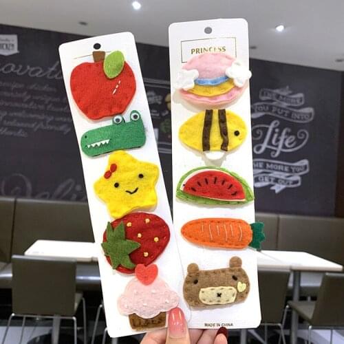 Felt Children Lovely Hair Clips Barrettes Headband Kids Hair Accessories 5 Pcs/Set Girls Cute Cartoon Animals Fruit Hairpins