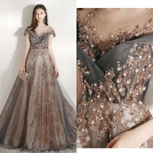 Purple Gray Luxury Long Prom Dresses Off Shoulder Elegant Sequins Appliques Bead A-Line Formal Party Wedding Guest Evening Gowns