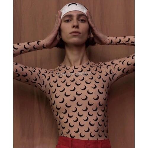 New Moon Print Star Sttyle Long Sleeve Elastic T Shirt Top - 2019ss Women Comfortable Soft Cool Fabric Slim Fit Bottoming Shirt