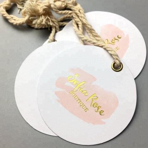 Round custom shape gold foil hang tags manufacturer