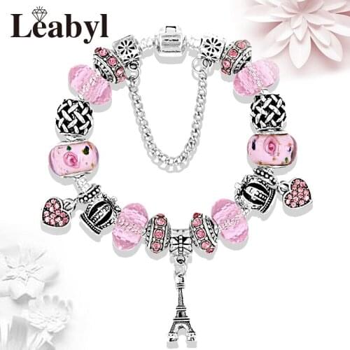Leabyl Romantic Pink Crystal Heart Charm Bracelet Antique Silver Color Eiffel Tower Crown Diy Pendant Beads Bracelet for Women