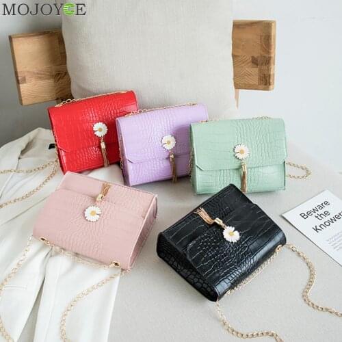 Fashion Alligator PU Leather Messenger Bag Women Daisy Tassel Chain Purse Small Square Shoulder Crossbody Handbag Pouch