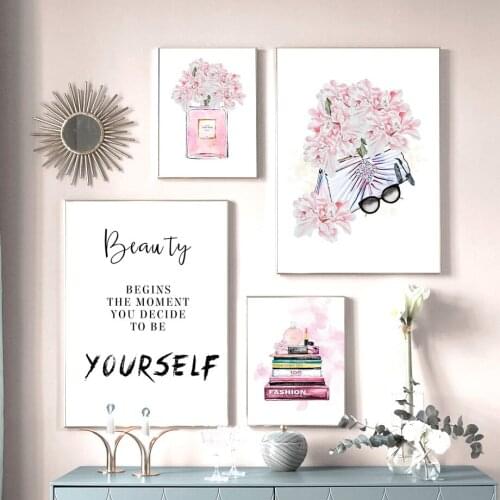 Pink Flower Perfume Fashion Book Poster Bag Glasses Makeup Print Canvas Art Painting Wall Picture Modern Girl Room Home Decor