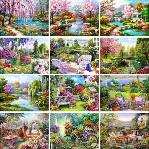 Huacan Diamond Painting Kit Garden Flower Scenery Full Square/round Diamond Embroidery Mosaic River Tree Landscape Wall Decor