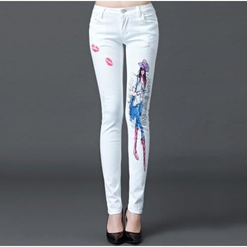 New Women Printed Pattern Cotton White Jeans High Waist Mom Jeans Autumn Female Skinny Denim Sexy Long Pants Casual Pencil Pants