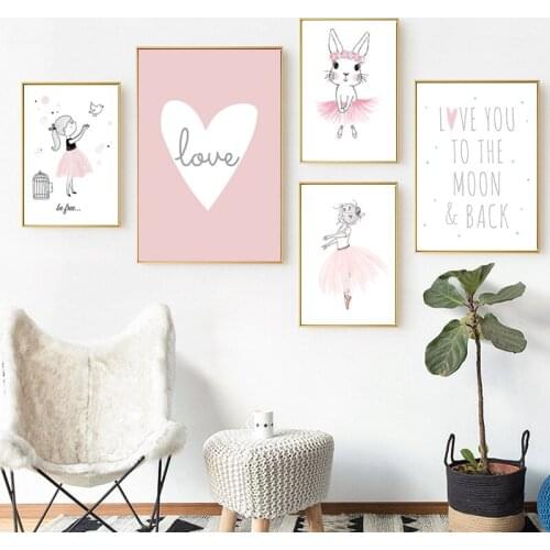 Kids Room Poster Pink Rabbit Children Poster Baby Room Decor Nursery Wall Art Prints Ballet Girl Bedroom Picture