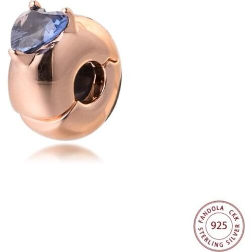 Blue Heart Solitaire Clip Charms Fits Pandora Bracelet Original 925 Sterling Silver Stopper Beads DIY Jewelry Making