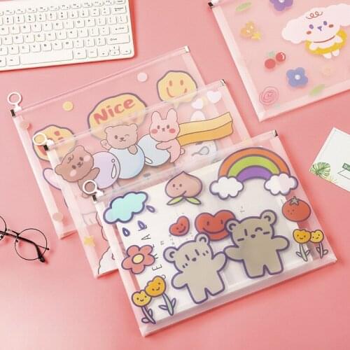 A4 File Bag Transparent Student Cute Cartoon Zipper Bag High Capacity Simple Plastic Test Paper Storage Bag Clutch Desk Storage