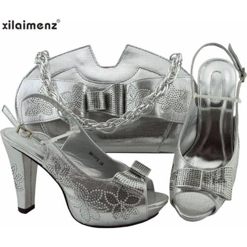 Wedding Dress Elegant Silver Color Shoes And Bag To Match Set Italian High Heels Party Shoes And Bag Set For Royal Party