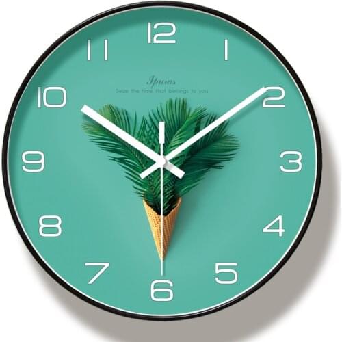 Fresh, green leaves, mute, exquisite wall clock, Nordic Green plant, modern European style living room, wall clock