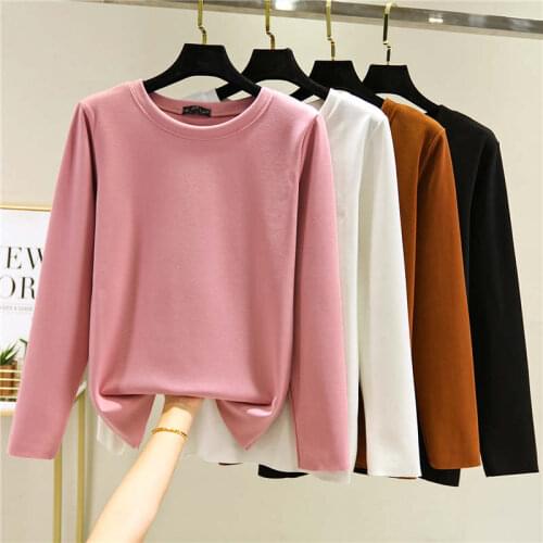 Large Size O-Neck Plus Velvet Padded Tops Warm Bottoming Shirt Women Autumn Winter All-Match Casual Cotton T Shirt Women