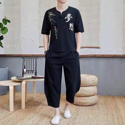 Traditional Chinese Clothing Set For Men Adult Summer 2-Piece Sets Linen Short Sleeve Cotton Loose Sets Chinese Costumes 30462
