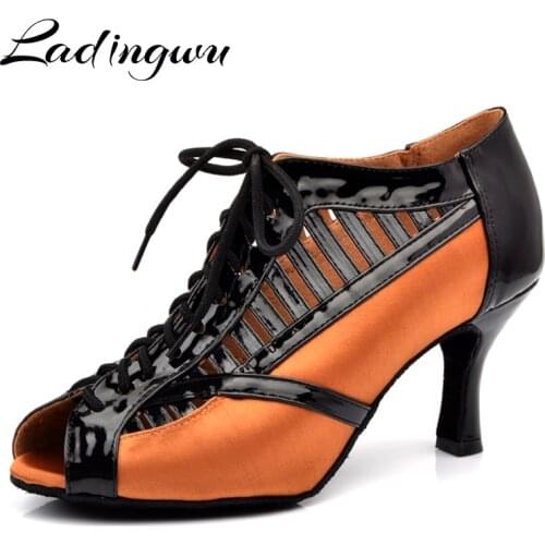 Ladingwu Womens Dance Teacher Shoes Bronze/Brown red Salsa Dance Shoes Woman Latin Ballroom Soft Bottom Dance Shoes Cuban heel