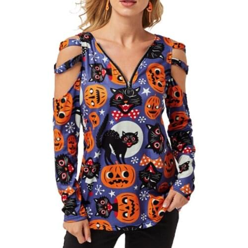 Cartoon Pumpkins Print Chic Top Women Cold Shoulder Long Sleeve Holloween Festival Tshirts Zippr V-Neck Autumn Tops Femme 2021