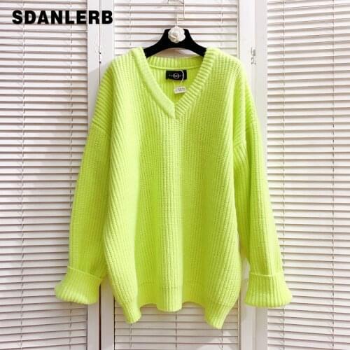 Female Knit Pullover 2021 Autumn Winter V-neck Loose Slimming Simple Laid-Back Long Sleeve Knitted Pure Color Sweater Knitwear