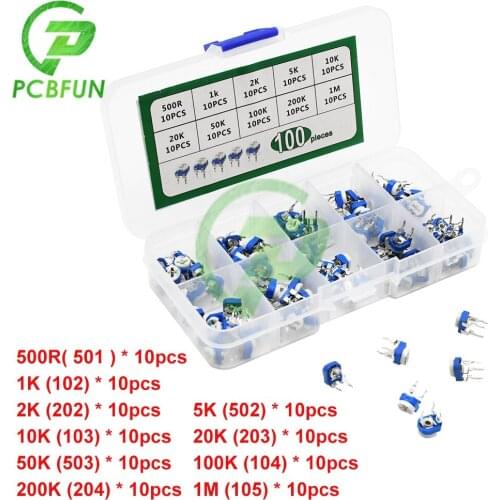 100pcs/Box RM065 500 -1M Ohm Potentiometer Adjustable Resistor Kit Variable Resistors Kit Multiturn Trimmer Potentiometer Set