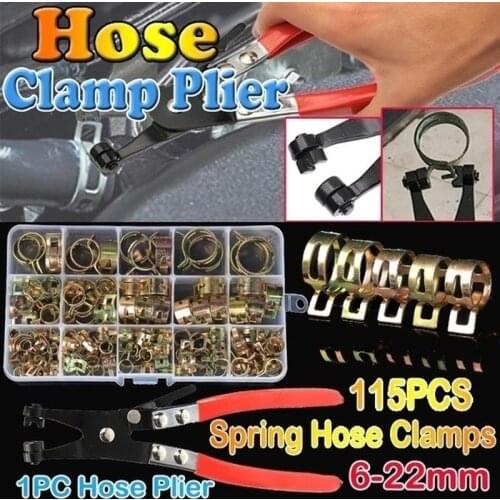 115 PCS Zinc Plated 6-22mm Spring Hose Clamps + 1PC Straight Throat Tube Clamp for Band Clamp Metal Fastener Assortment Kit