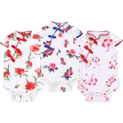 Baby Girls Cheongsam Short Sleeve Romper Outfit Chinese Flower Printed Qipao Jumpsuit One Piece Sleeveless Summer Festival Dress