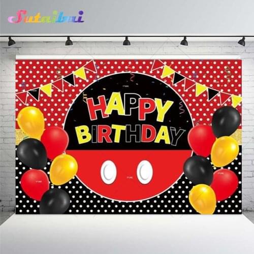 Girl Happy Birthday Party Background Round Mouse Red Black Dot Balloon Flag Baby Shower Newborn Photography Decoration Backdrop