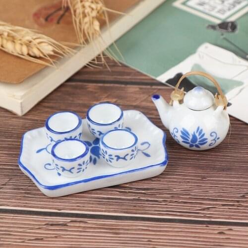 Hot sale 6pcs/set Dollhouse Miniature Dining Ware Blue Porcelain Tea Set Dish Cup Plate China Ceramic Tea Set Dolls House