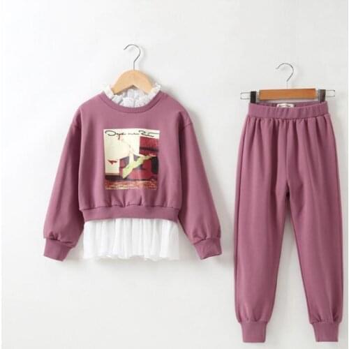 DFXD Children Clothing Sets 2018 New Autumn Teen Girls Long Sleeve Print Lace Spliced Sweatshirt+Pant 2pc Outfit 3-14Years
